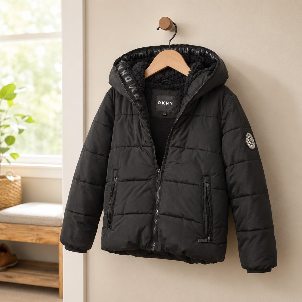 DKNY Boys Black Puffer Jacket Size 5/6 Fleece Lined Hooded Winter Coat - Picture 8 of 8